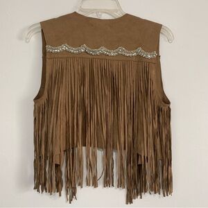 Rhinestone Fringe Vest, Vegan Sued, tan brown silver, Bling rodeo western NFR
